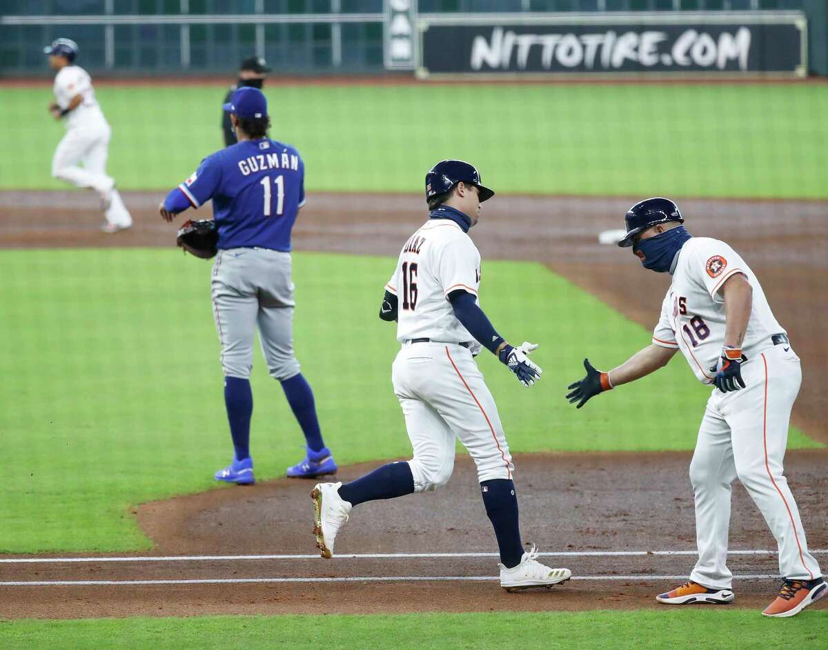 Houston Astros' George Springer celebrates his leadoff home run