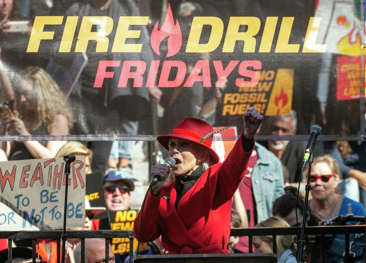 Jane Fonda leads a Fire Drill Fridays rally, calling for action to address climate change at Los Angeles City Hall Friday, Feb. 7, 2020. A half-century after throwing her attention-getting celebrity status into Vietnam War protests, Fonda is now doing the same in a U.S. climate movement where the average age is 18.