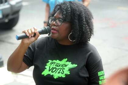 Gemeem Davis, of Generation Now, speaks during a rally in front of the Broad Street Steps, in Bridgeport, Conn. Sept. 3, 2020.