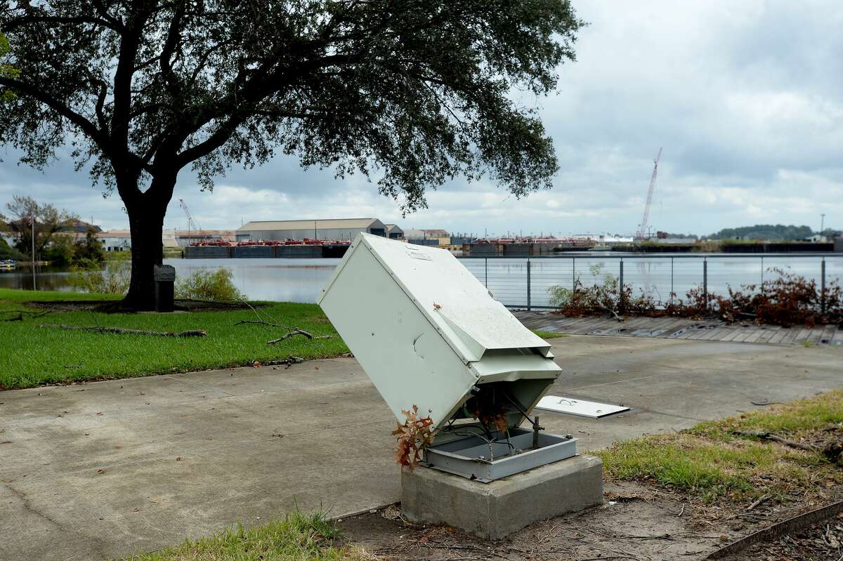 A broken signal box leans on Front Street in Orange, a week after the area was hit with some of the most severe damage in Southeast Texas by Hurricane Laura. Photo taken Thursday, September 3, 2020 Kim Brent/The Enterprise