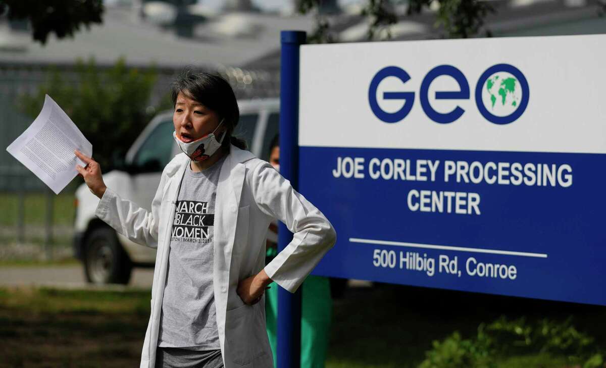 Dr. Dona Kim Murphey speaks before reading a letter from immigrant Roger Ernesto La O Muñoz, an epidemiologist detained at the Joe Corley Detention Facility, on May 29, 2020, in Conroe. Physicians with Doctors for America and immigrant rights activists began a 24-hour vigil in front of the facility to demand the release of detained asylum seekers, refugees, and nonviolent immigrants to prevent the spread of COVID-19. Texas is the state with most confirmed COVID-19 cases of immigrants confined in Immigration and Custom Enforcements’ detention centers, official counts indicate.