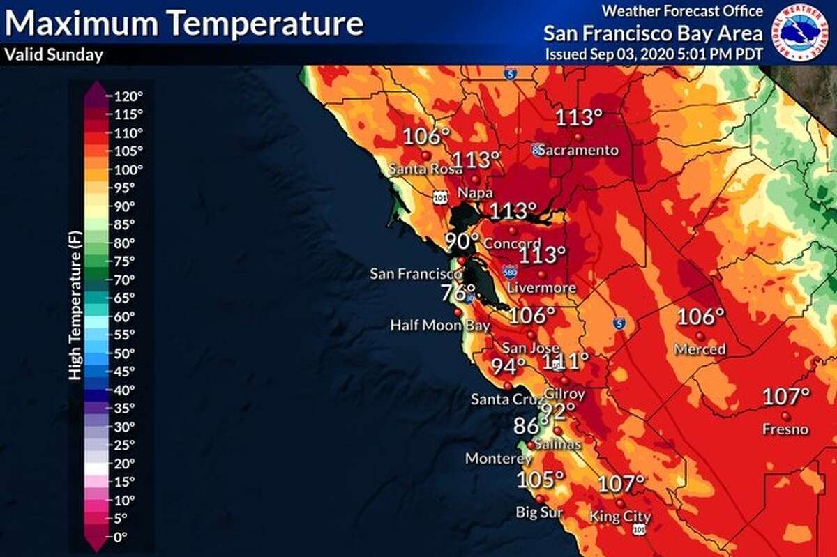 A heat wave is forecast to roast California over the Labor Day weekend. Above find the Sunday temperatures forecast.