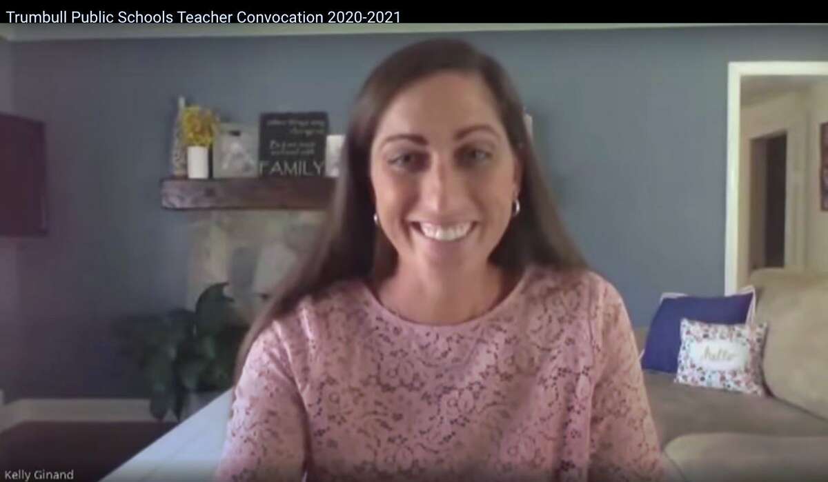 Kelly Ginand thanks her colleagues during the 2020 Trumbull teacher convocation.