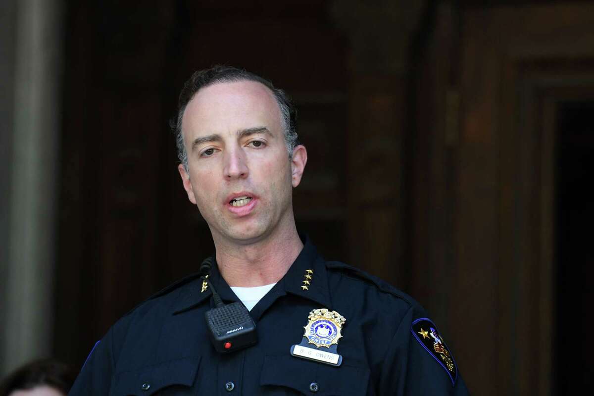 City of Troy Police Chief Brian Owens holds a press conference outside the Rensselaer County Courthouse where he announced that a grand jury had cleared a Troy police officer in a July 30 fatal shooting on Friday, Sept. 4, 2020, in Troy, N.Y. In March 2021, Owens is being considered to lead the Watervliet police department across the river. Owens said he would consider leading a smaller department to escape the difficulties in the job he faces currently. (Will Waldron/Times Union)