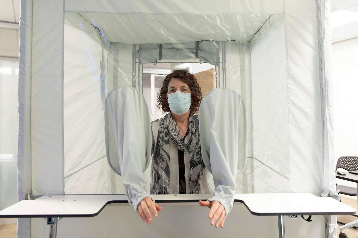 Susan Buchbinder, Director of Bridge HIV, is working with her team on a COVID19 vaccine trial and shows off their newly assembled tent that will allow her team to safely receive nasal swabs from trial participants in San Francisco, Calif., Thursday, Sept. 3, 2020.