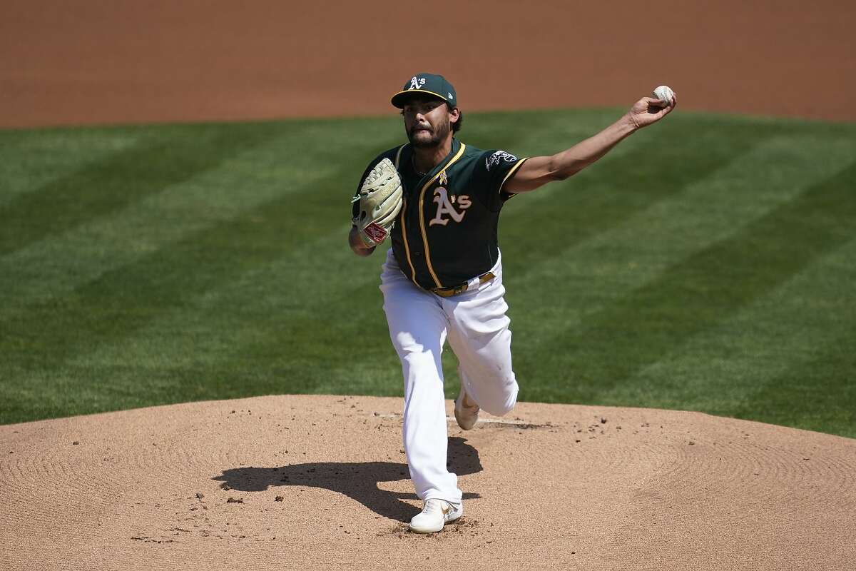Oakland Athletics' Sean Manaea pitches against the San Diego Padres during the first inning of a baseball game in Oakland, Calif., Saturday, Sept. 5, 2020. (AP Photo/Jeff Chiu)
