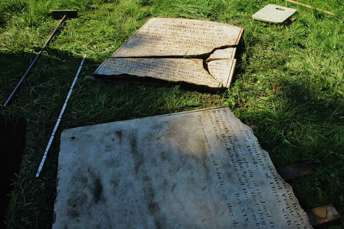 A view of the broken gravestone of Rev. Nathaniel Paul at the Albany Rural Cemetery on Sunday, Sept. 6, 2020, in Menands, N.Y. Paul died in 1835, and Paula Lemire, historian for the Friends of Albany Rural Cemetery, found the grave. (Paul Buckowski/Times Union)