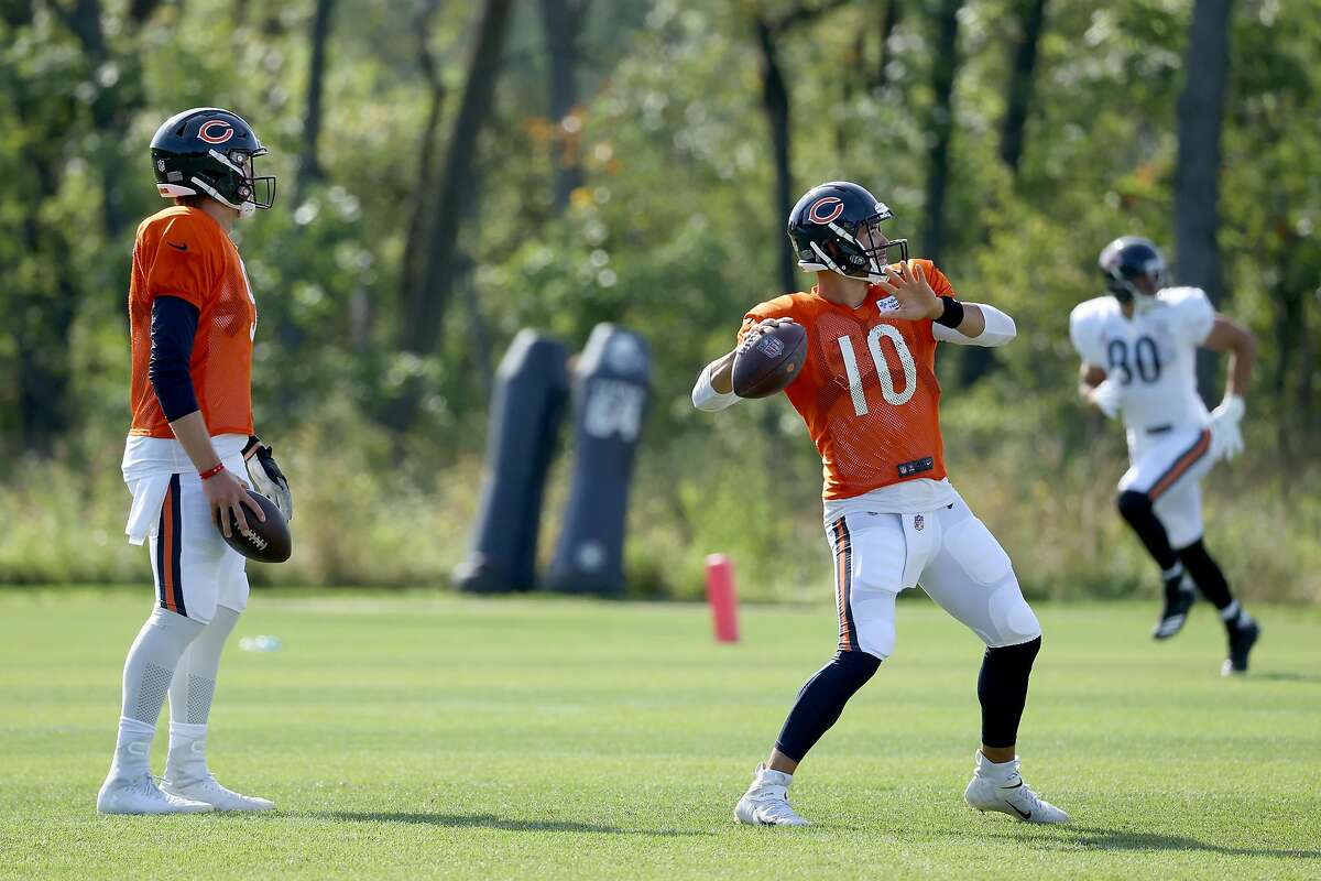 LAKE FOREST, ILLINOIS - SEPTEMBER 02: Mitchell Trubisky #10 of the Chicago Bears throws a pass during training camp at Halas Hall on September 02, 2020 in Lake Forest, Illinois. (Photo by Dylan Buell/Getty Images)