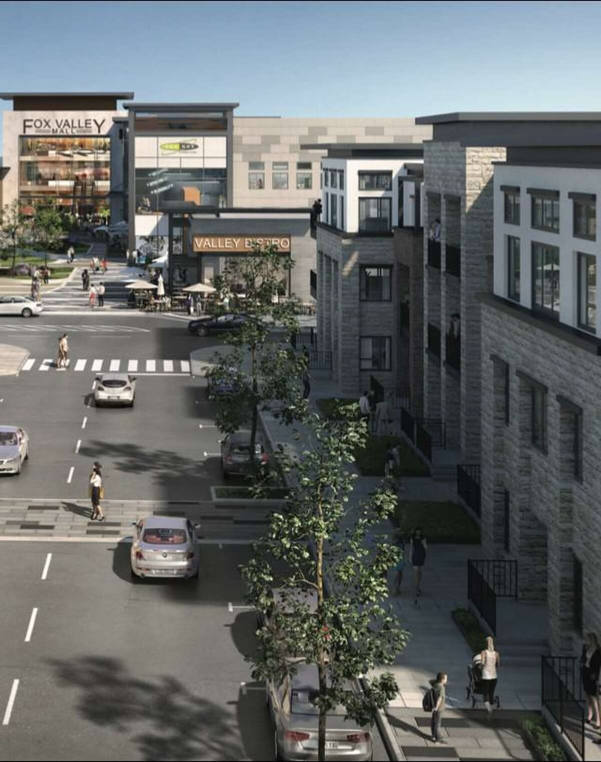 An artist’s rendition of the future mixed use look of a mall in suburban Chicago. The Texas-based developer wants to do a similar multi-year makeover at its Connecticut Post Mall in Milford and wants to begin the process by developing a four-story luxury apartment complex with up to 300 in the southeastern corner of the mall.