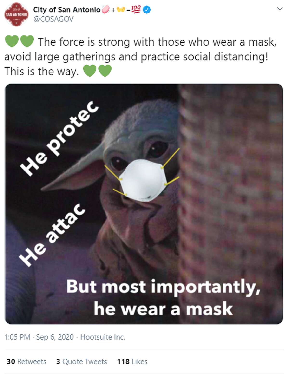 On Sunday, the City of San Antonio posted a Yoda meme, writing that "the force is strong with those who wear a mask."
