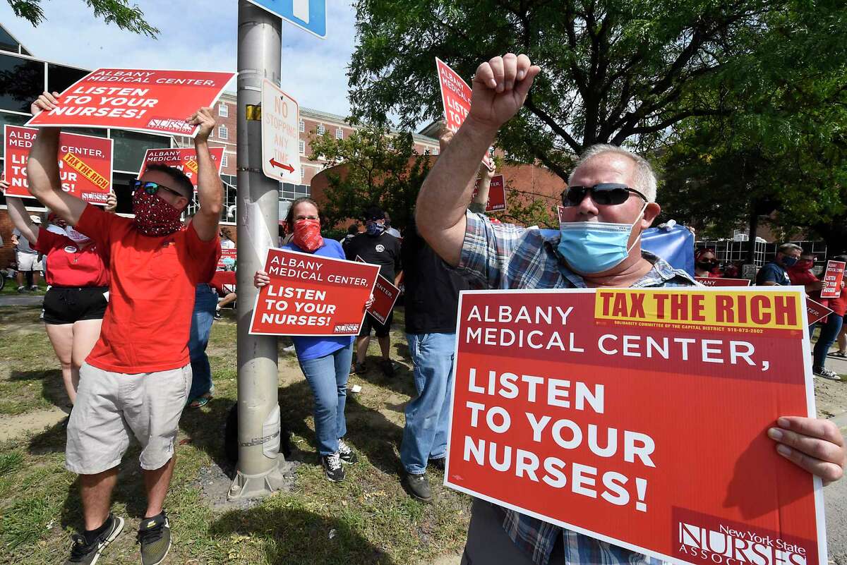 Supporters of New York State Nurses Association rally in front of Albany Medical Center to help nurses fight for a fair contract on Monday, Sept. 7, 2020 in Albany, N.Y (Lori Van Buren/Times Union)