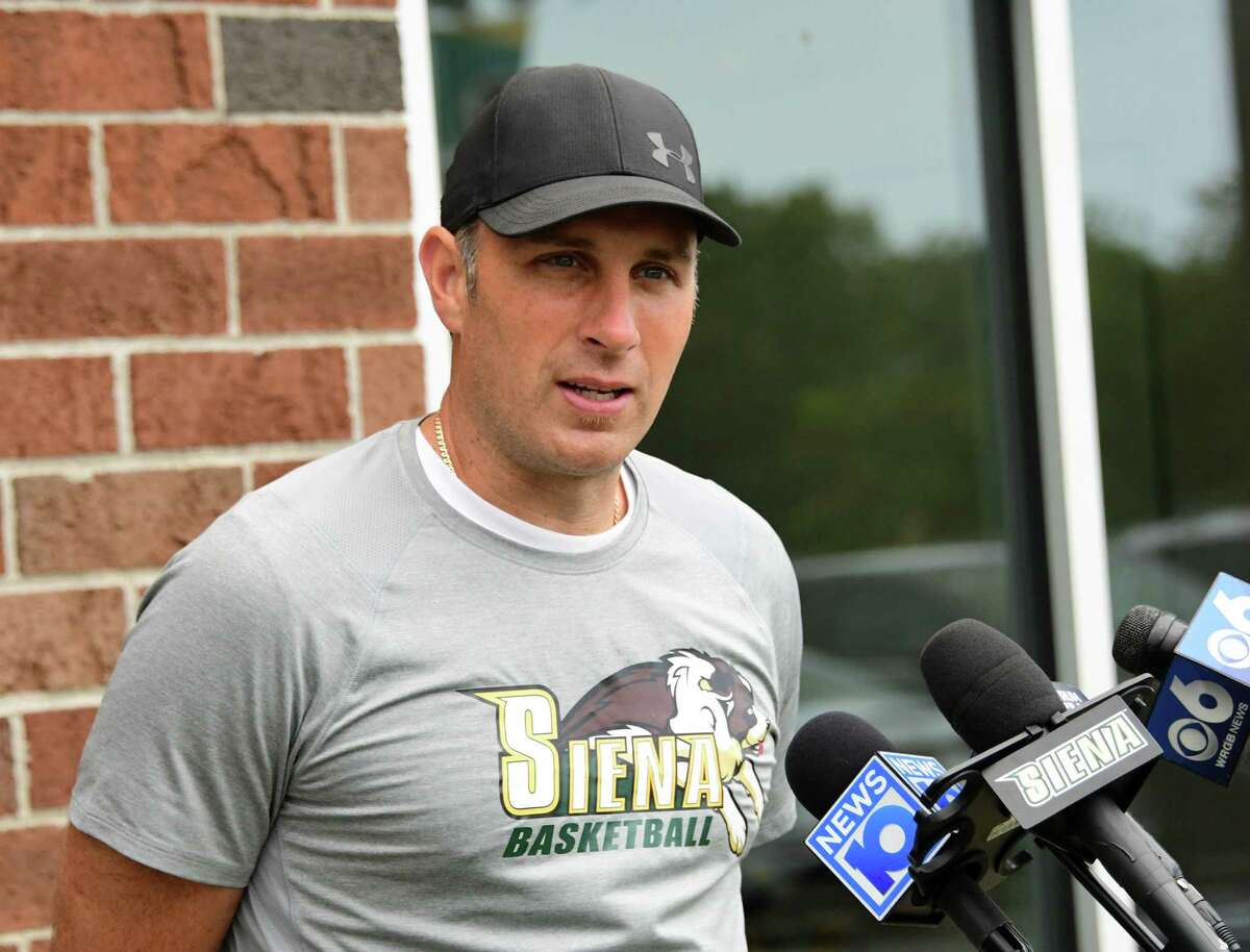Siena basketball coach Carmen Maciariello answers questions from the media during a press conference outside the Alumni Recreation Center at Siena College on Monday, Sept. 7, 2020 in Loudonville, N.Y. Siena's sports teams are allowed to have workouts supervised by coaches for the first time. (Lori Van Buren/Times Union)