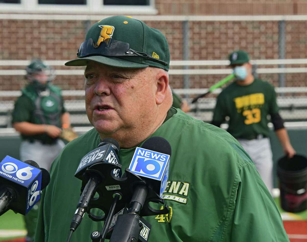 Siena baseball head coach Tony Rossi answers questions from the media during a press conference at Connors Park at Siena College on Monday, Sept. 7, 2020 in Loudonville, N.Y. Siena?•s sports teams are allowed to have workouts supervised by coaches for the first time. (Lori Van Buren/Times Union)
