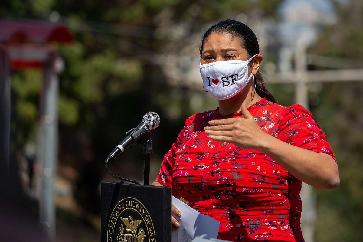 Mayor London Breed emphasized the importance of wearing a mask and avoiding crowds at a press conference at Dolores Park in San Francisco, Calif. on Sept. 4, 2020.