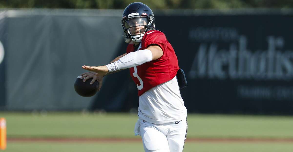 Houston Texans quarterback Alex McGough (3) throws a pass during an NFL training camp football practice Sunday, Aug. 23, 2020, in Houston.