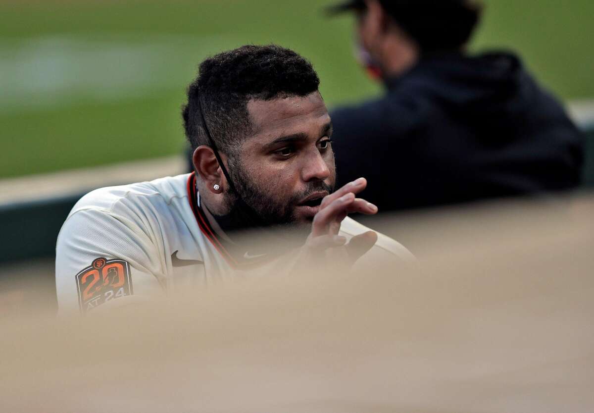 Pablo Sandoval (48) gestures to a teammate in the dugout as the San Francisco Giants played the Arizona Diamondbacks at Oracle Park in San Francisco Calif., on Monday, September 7, 2020.