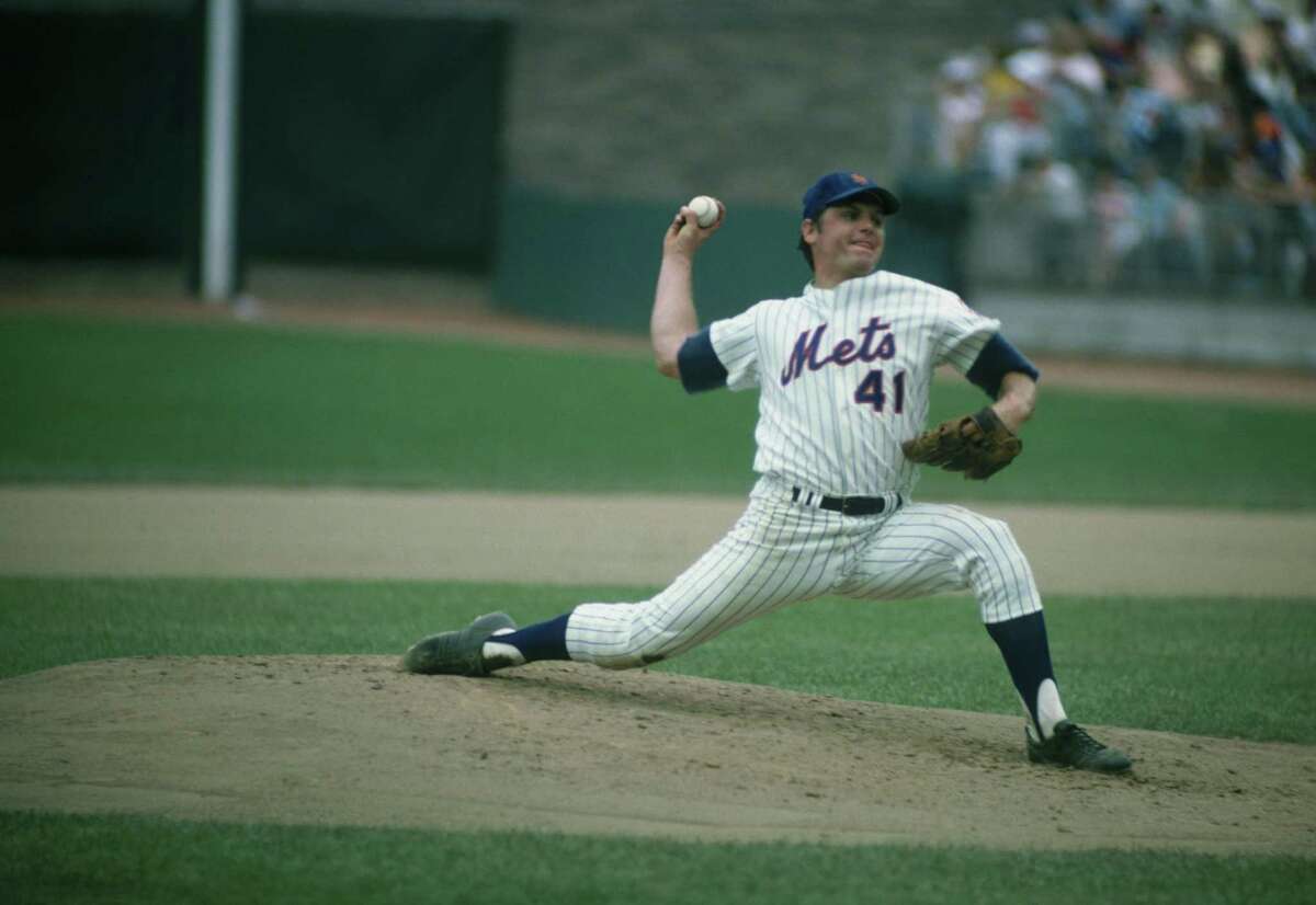 Tom Seaver of the New York Mets pitches at Shea Stadium in Flushing, New York, in 1969.