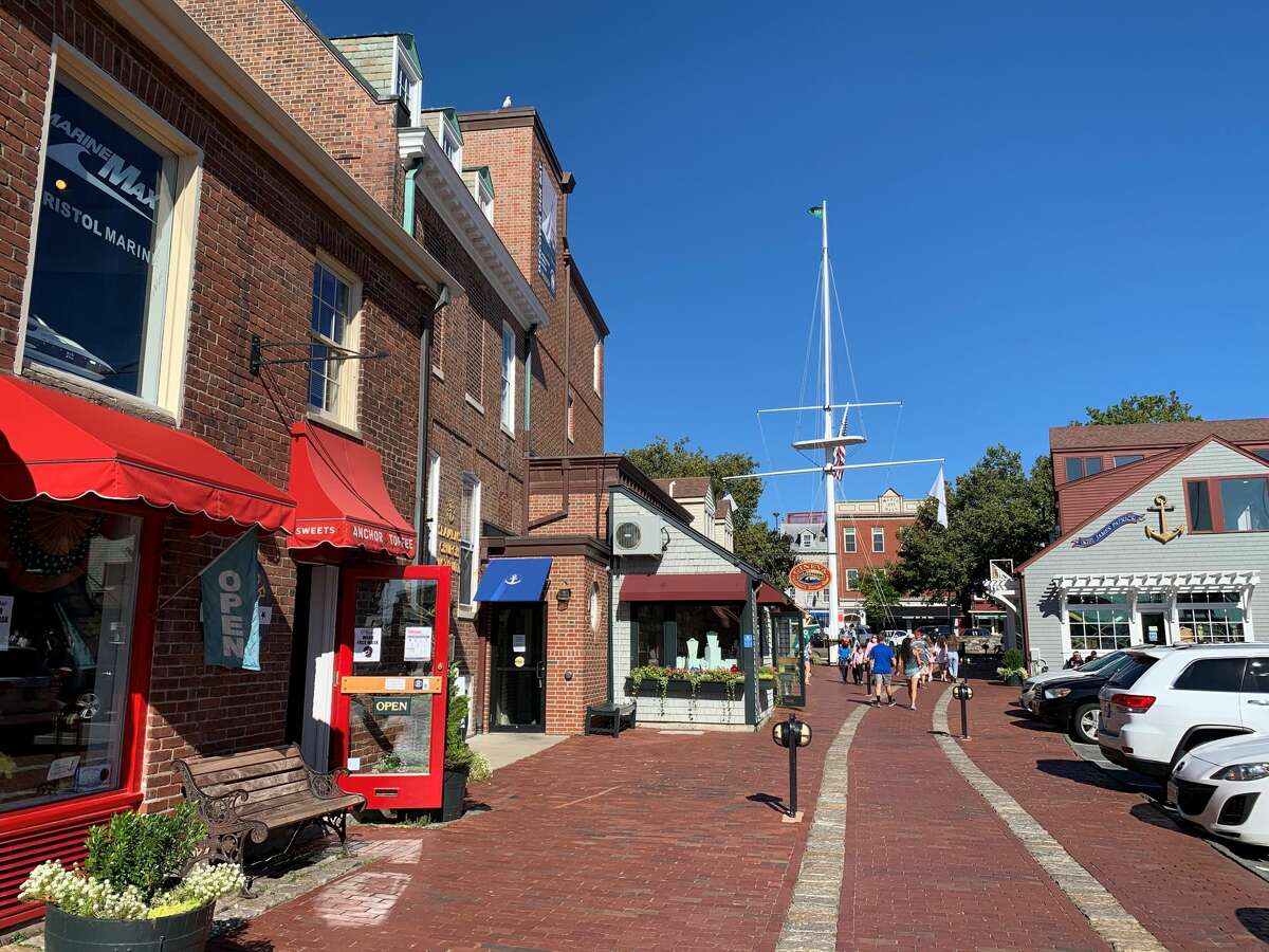 A brick road along a stretch of shops in Rhode Island.