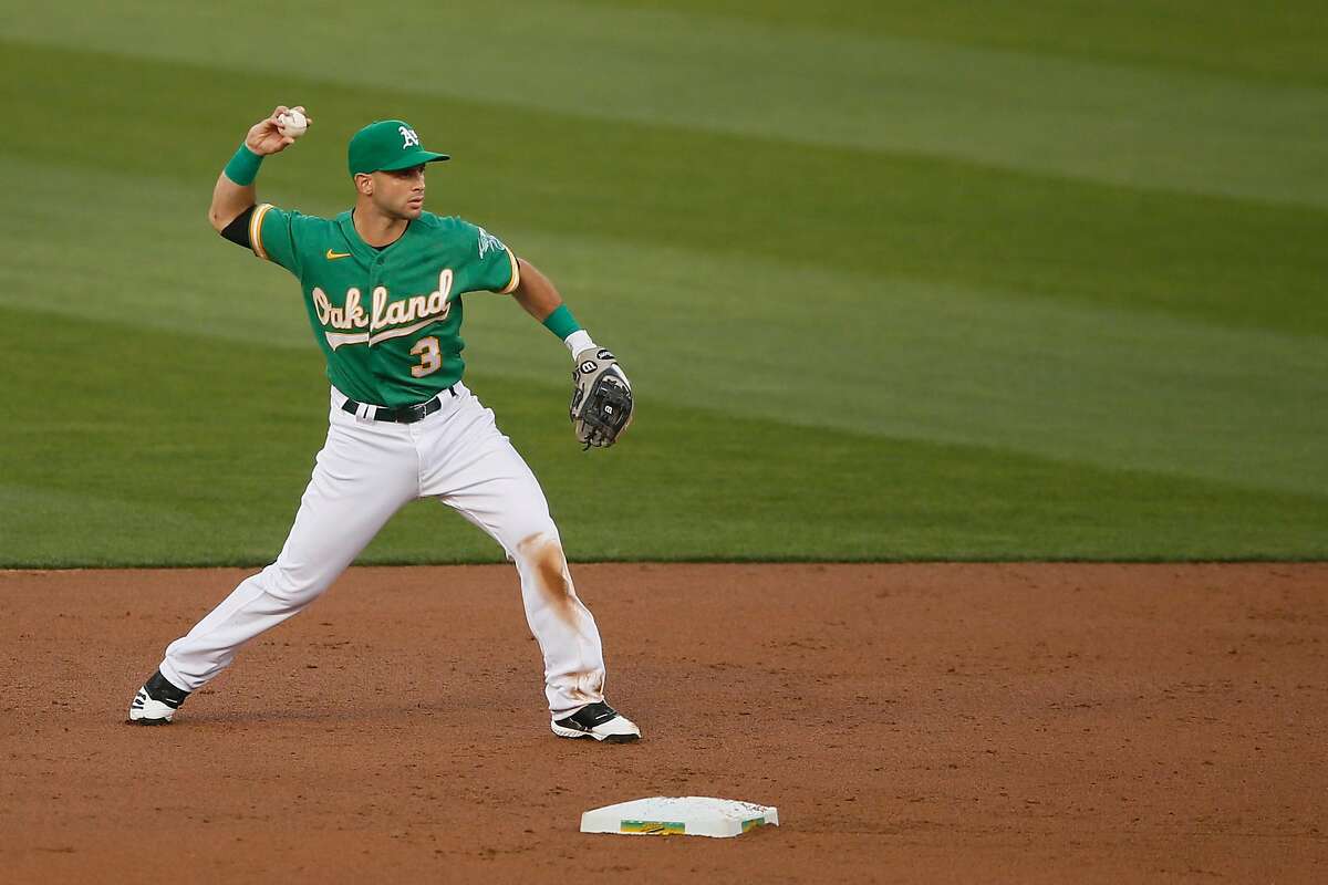 Oakland Athletics second baseman Tommy La Stella (3) throws to first base for the out in the second inning of an MLB game against the San Diego Padres at RingCentral Coliseum on Friday, Sept. 4, 2020, in Oakland, Calif.