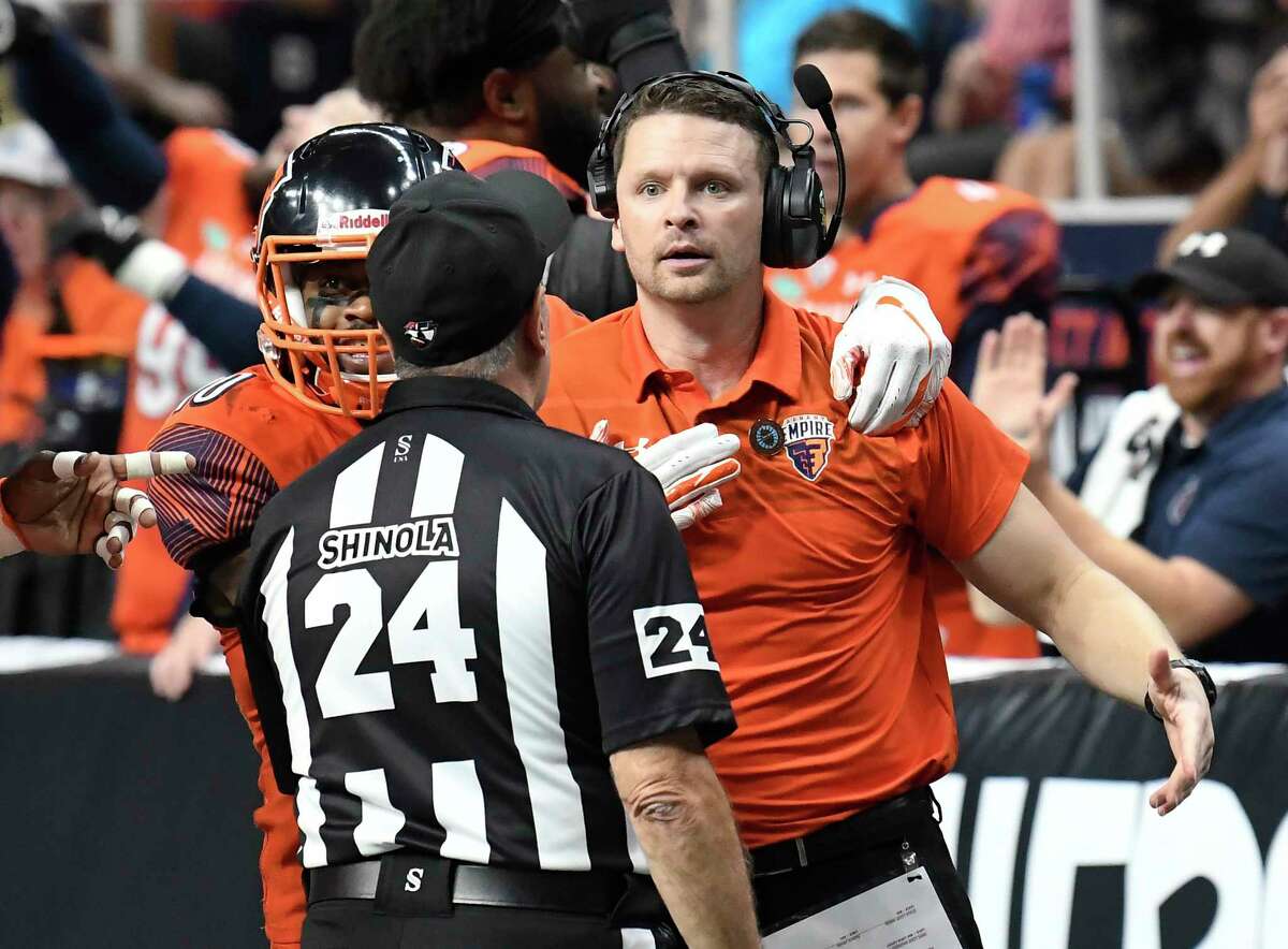 Albany Empire head coach Rob Keefe reacts to a play during a arena football game against the Philadelphia Soul Saturday, July 7, 2018, in Albany, N.Y. (Hans Pennink / Special to the Times Union)