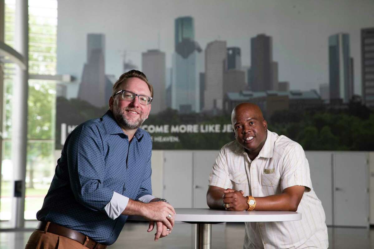 After years of friendship, pastors Steve Bezner, left, and Blake Wilson, right, working on initiatives geared toward facilitating discussion about race and inequality among their congregations. Portrait taken at Houston Northwest Church where Bezner is a senior pastor Wednesday, Sept. 2, 2020, in Houston.