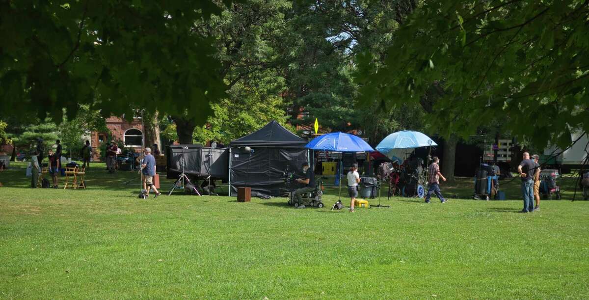 Crew and cast members of the television show Modern Love prepare to film a scene at Washington Park on Wednesday, Sept. 9, 2020, in Albany, N.Y. (Paul Buckowski/Times Union)