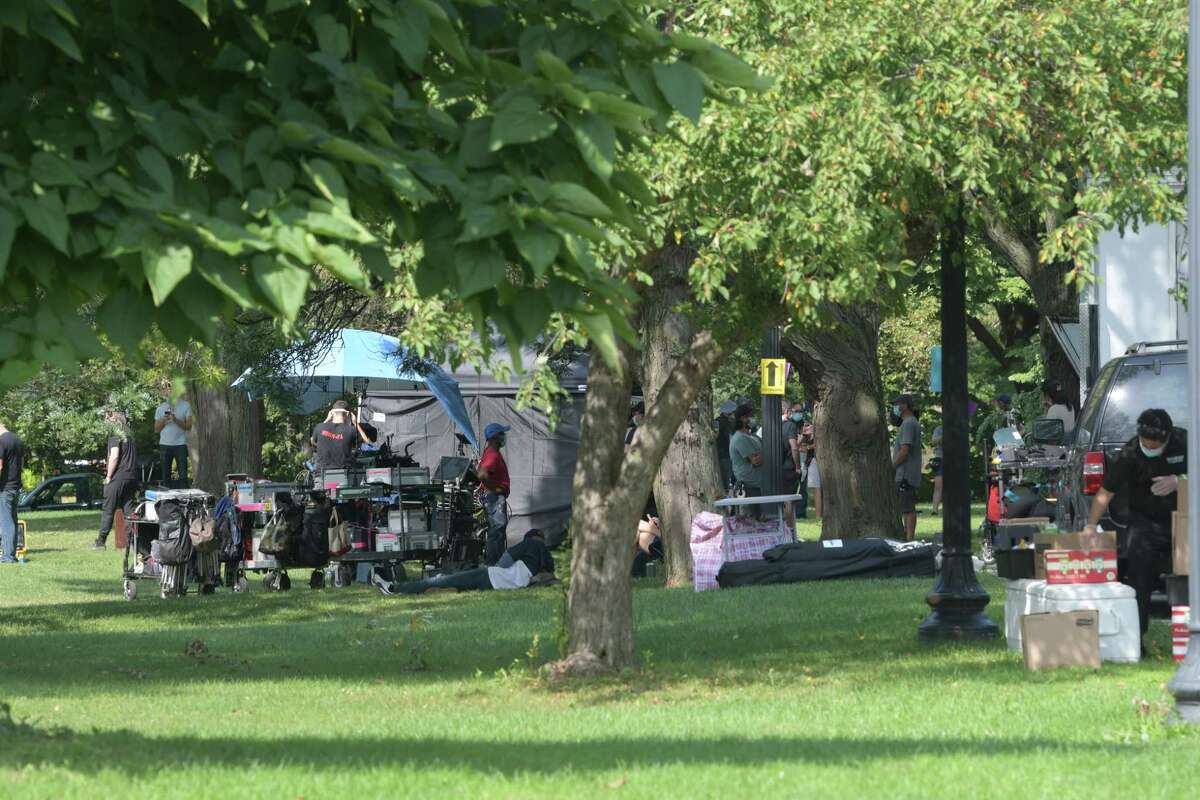 Crew and cast members of the television show Modern Love prepare to film a scene at Washington Park on Wednesday, Sept. 9, 2020, in Albany, N.Y. (Paul Buckowski/Times Union)
