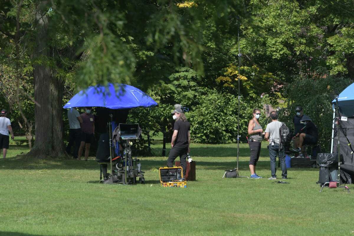 Crew and cast members of the television show Modern Love prepare to film a scene at Washington Park on Wednesday, Sept. 9, 2020, in Albany, N.Y. (Paul Buckowski/Times Union)