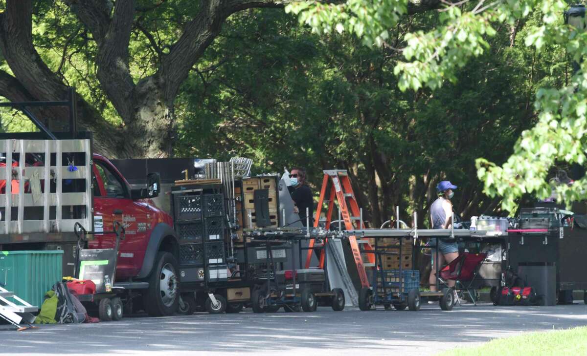 Crew and cast members of the television show Modern Love prepare to film a scene at Washington Park on Wednesday, Sept. 9, 2020, in Albany, N.Y. (Paul Buckowski/Times Union)