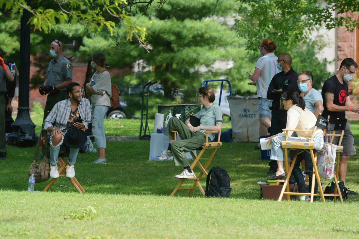Cast members of the television show Modern Love wait to film a scene at Washington Park on Wednesday, Sept. 9, 2020, in Albany, N.Y. (Paul Buckowski/Times Union)