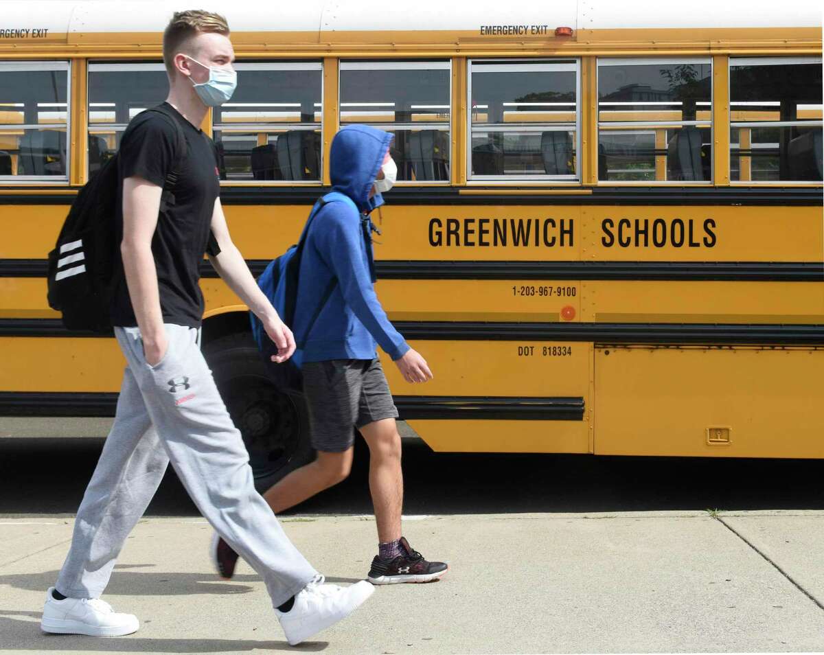 Students on the first day of classes at Greenwich High School in Greenwich, Conn. Wednesday, Sept. 9, 2020.
