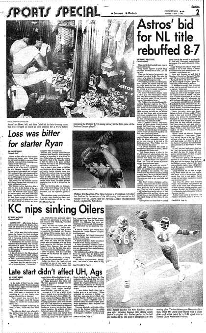 The sports front page of the Oct. 13, 1980, editions of the Houston Chronicle after the Astros lost Game 5 of the NLCS and the Oilers lost to the Chiefs.