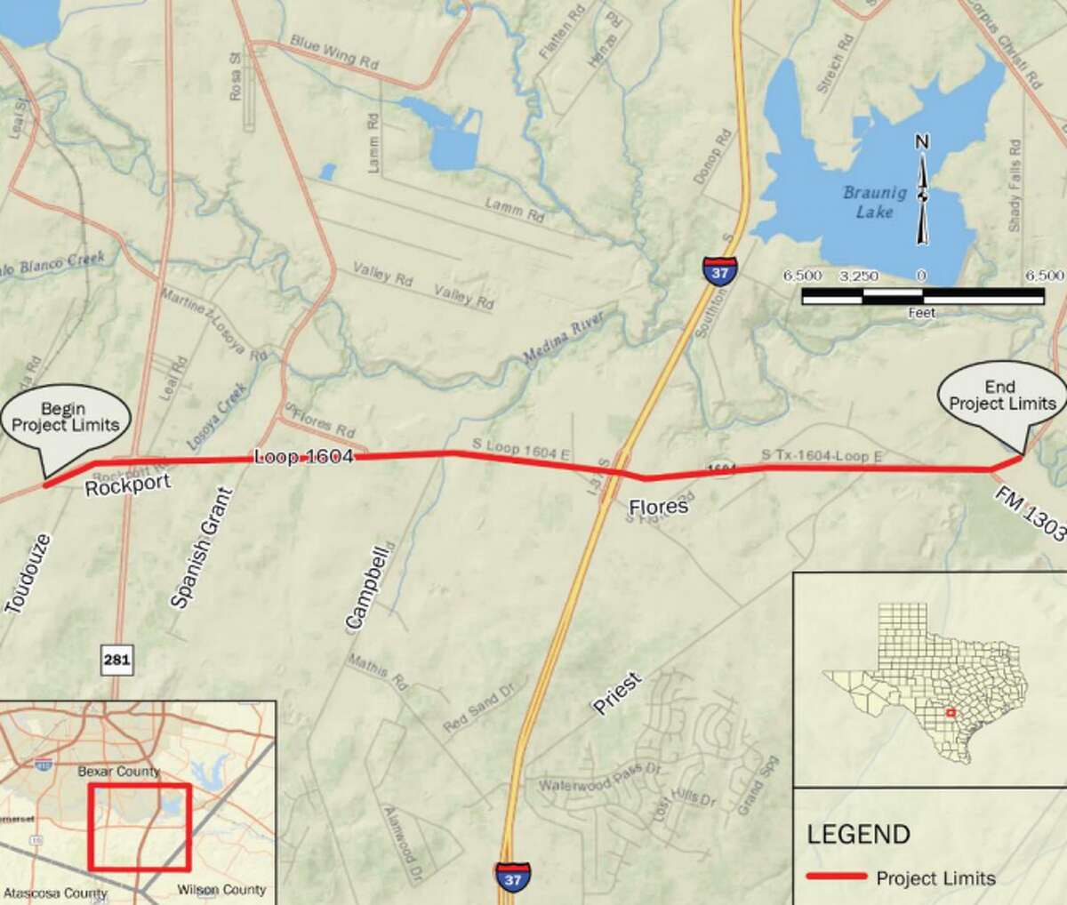 Loop 1604 from U.S. 281 to FM 1303: The project is to expand Loop 1604 from a two-lane to a four-lane divided roadway with shoulders. Estimated completion date: November 2020