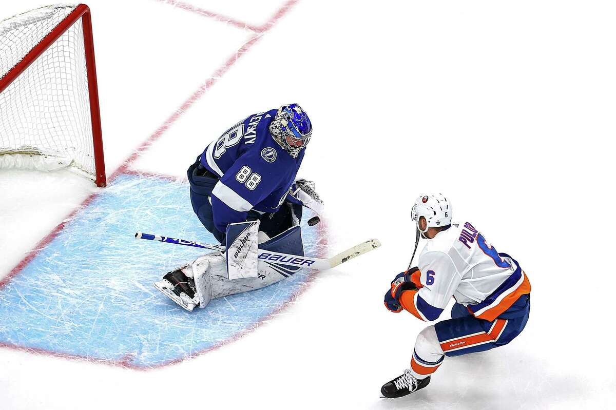 EDMONTON, ALBERTA - SEPTEMBER 09: Andrei Vasilevskiy #88 of the Tampa Bay Lightning makes a save against Ryan Pulock #6 of the New York Islanders during the second period in Game Two of the Eastern Conference Final during the 2020 NHL Stanley Cup Playoffs at Rogers Place on September 09, 2020 in Edmonton, Alberta. (Photo by Bruce Bennett/Getty Images)