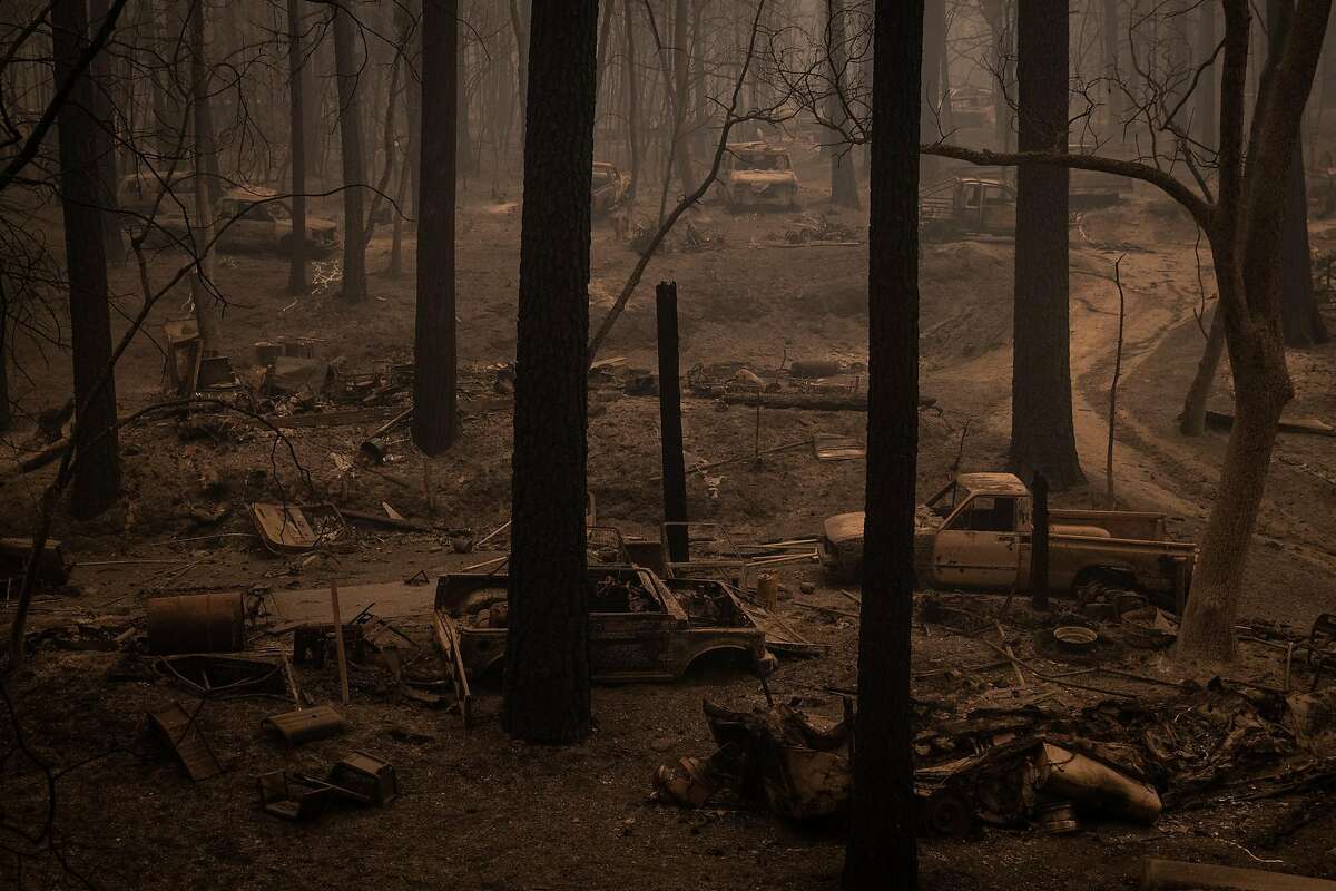 The town of Berry Creek, Calif., Wednesday, Sept. 9, 2020, was largely destroyed by the Bear Fire. Propelled by winds as strong as 45 mph, the Bear Fire northeast of Oroville, Calif., has grown at explosive rates this week, causing three deaths as it ripped through mountain communities and forced thousands of people to evacuate. (Max Whittaker/The New York Times)