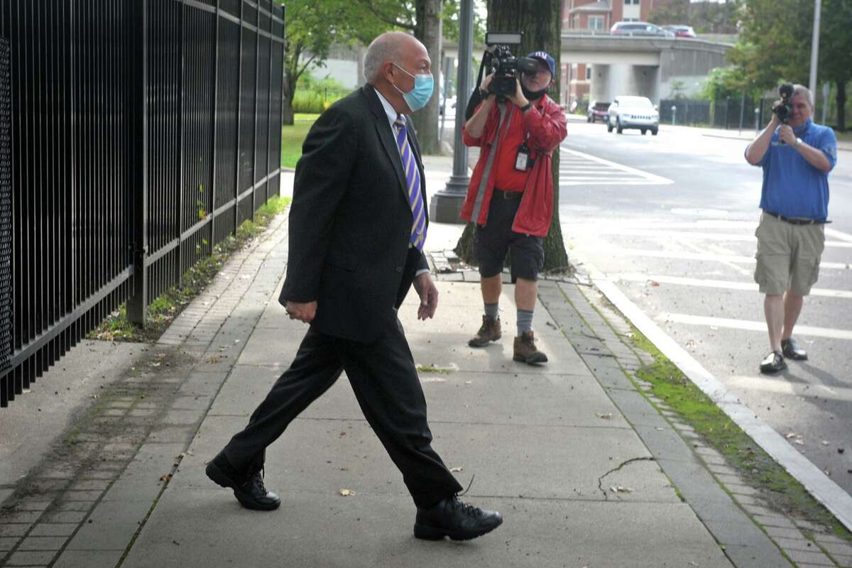 Bridgeport Police Chief Armando Perez leaves the federal courthouse in Bridgeport, Conn. Sept. 10. 2020. Perez and the city’s acting personnel director, David Dunn, were both arraigned on Thursday on federal charges.
