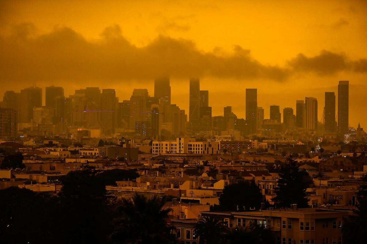 Downtown San Francisco is seen covered in haze and smoke from various wildfires on Wednesday, Sept. 9, 2020 in San Francisco, California.