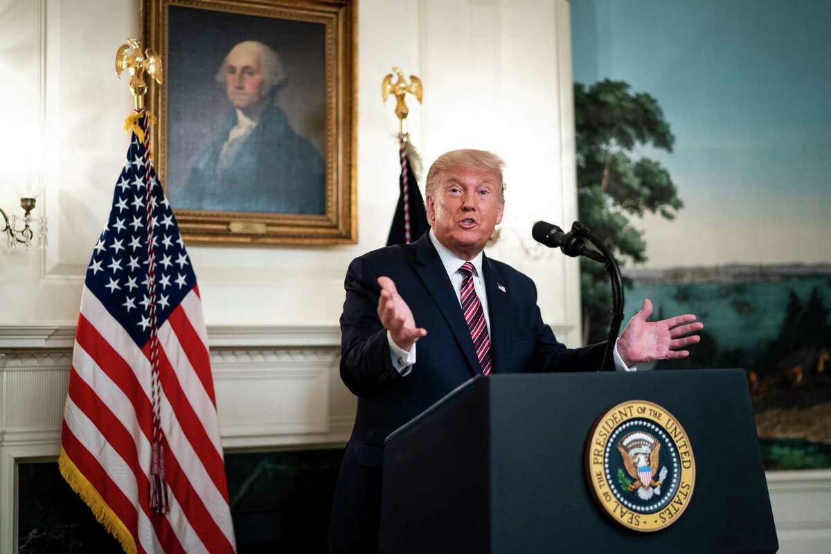 President Donald Trump at the White House in Washington, Sept. 9, 2020. The Congressional Budget Office has warned that the government this year will run the largest budget deficit, as a share of the economy, since 1945, the year World War II ended. Next year, the federal debt — made up of the year-after-year gush of annual deficits — is forecast to exceed the size of the entire American economy for the first time since 1946.