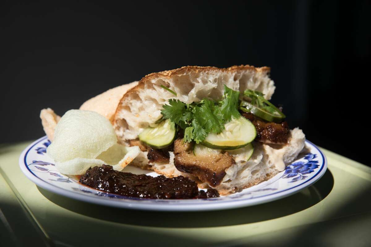 Shaobing, consisting of char siu, pickled cucumbers, cilantro with sesame cream and sambal belacan at Lion Dance Cafe in Oakland on Sept. 4, 2020.