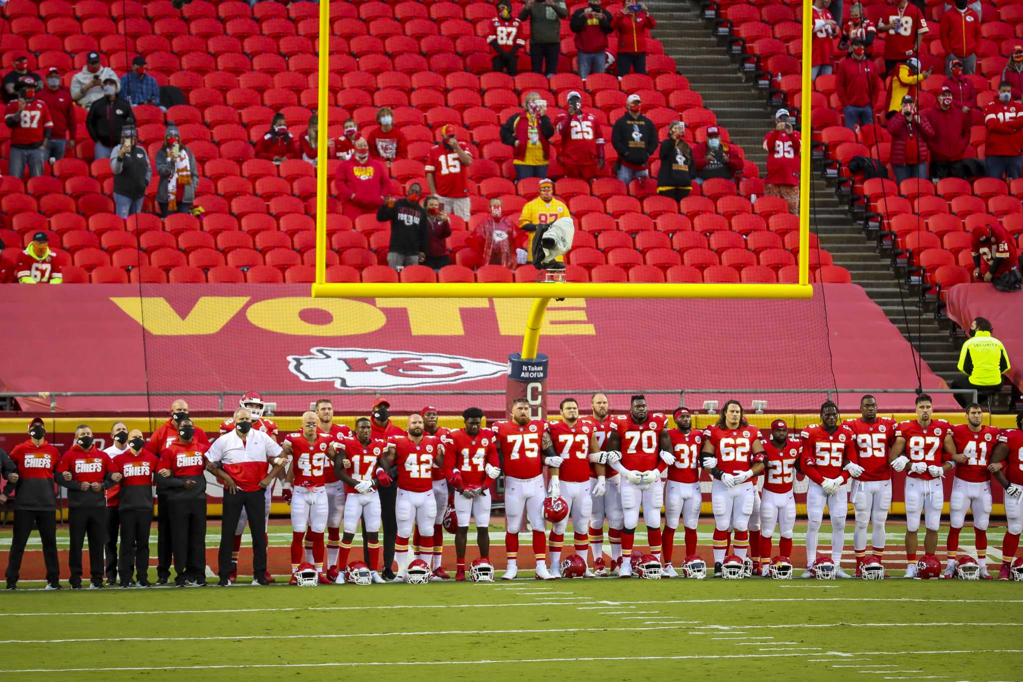 Chiefs take field for the national anthem, 'Lift Every Voice and Sing';  Texans stay in locker room