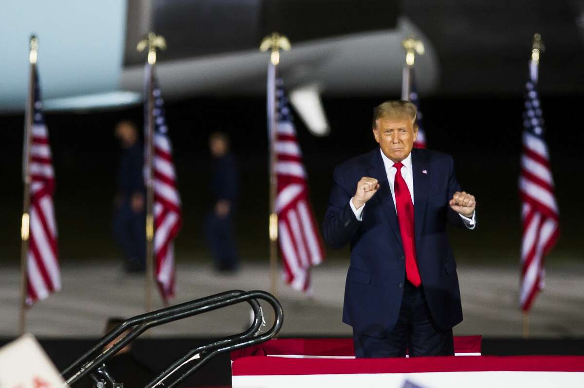 President Donald Trump exits after addressing a crowd of supporters during a campaign rally Thursday, Sept. 10, 2020 at MBS International Airport in Freeland. (Katy Kildee/kkildee@mdn.net)