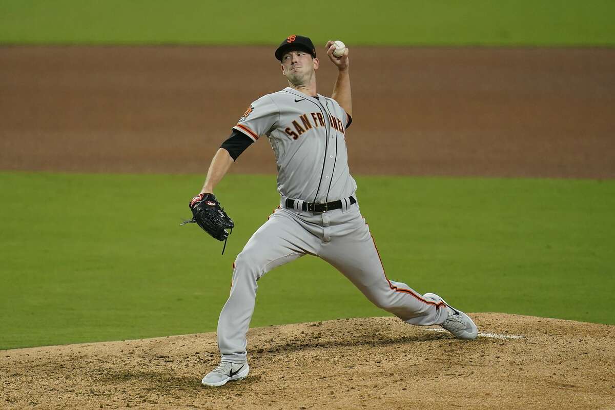 San Francisco Giants relief pitcher Drew Smyly works against a San Diego Padres batter during the fourth inning of a baseball game Thursday, Sept. 10, 2020, in San Diego. (AP Photo/Gregory Bull)