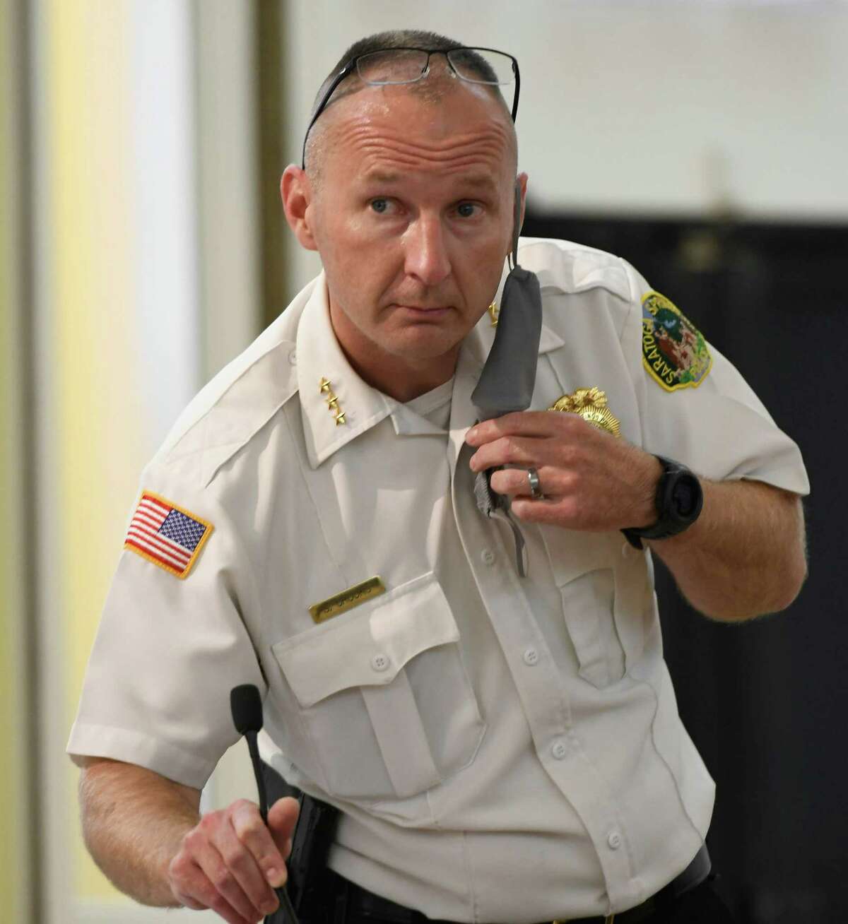 Saratoga Springs police chief Shane Crooks answers questions from a resident during the police task force meeting at the Canfield Casino building in 2020, in Saratoga Springs. (Jenn March, Special to the Times Union)