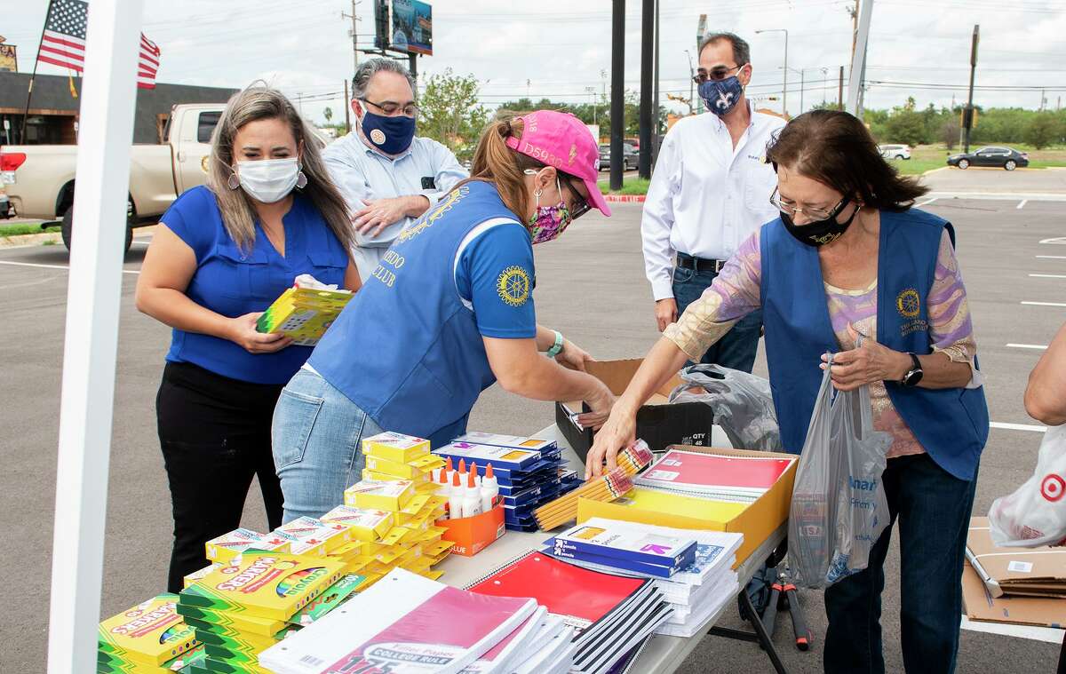The Laredo Rotary Club organizes school supply donations outside the Texas Workforce Solutions, Wednesday, Sep. 9, 2020, during the Lunch Hour School Supply Drive.