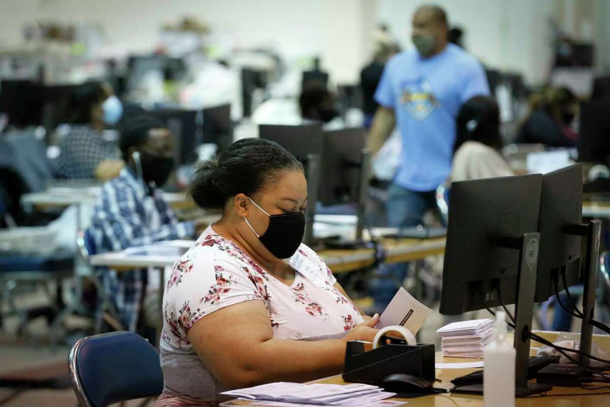 Harris County Clerk election workers at NRG Arena are preparing materials for voting centers that their office must staff for the 2020 election on Monday, Sept. 14, 2020, in Houston.