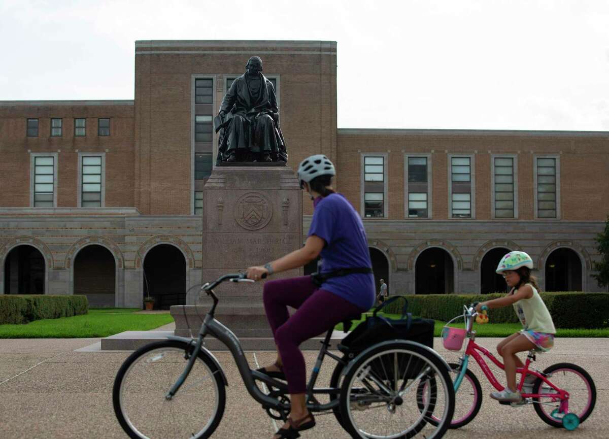 A statue of Rice University founder William Marsh Rice is shown on campus Tuesday, June 23, 2020, in Houston. Rice ranked as the nation’s 16th best university in the U.S. News & College Report’s university rankings for 2021.