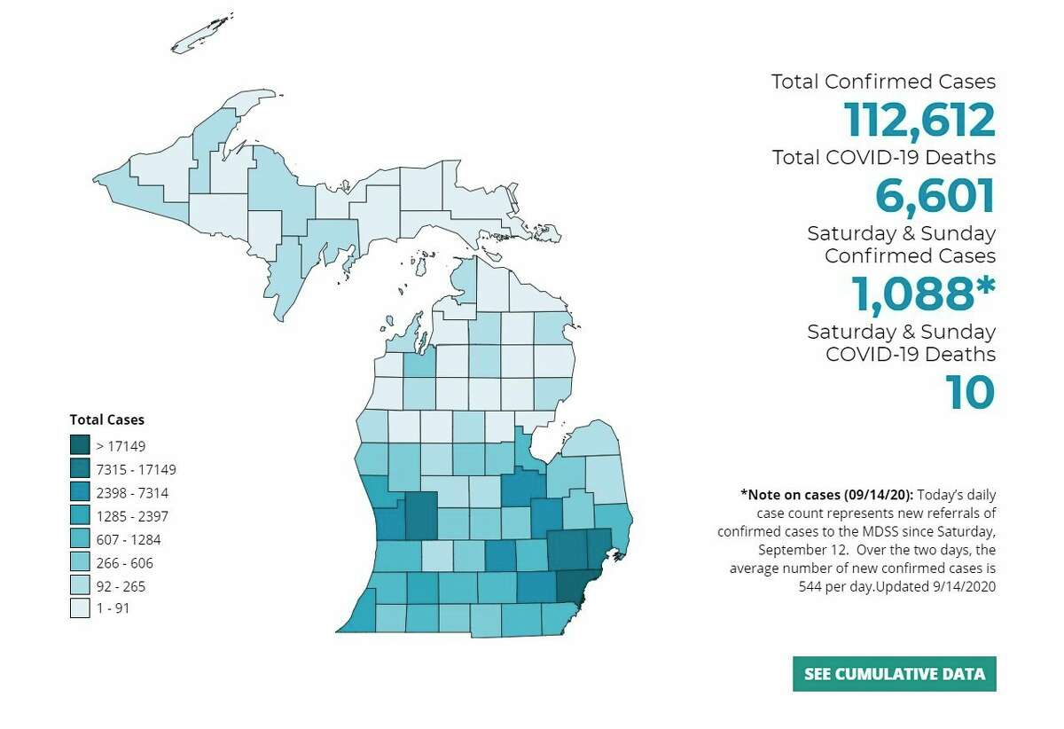 This graphic shows the total number of confirmed cases of COVID-19 in Michigan increased by 1,000 over the weekend. (Screenshot michigan.gov)