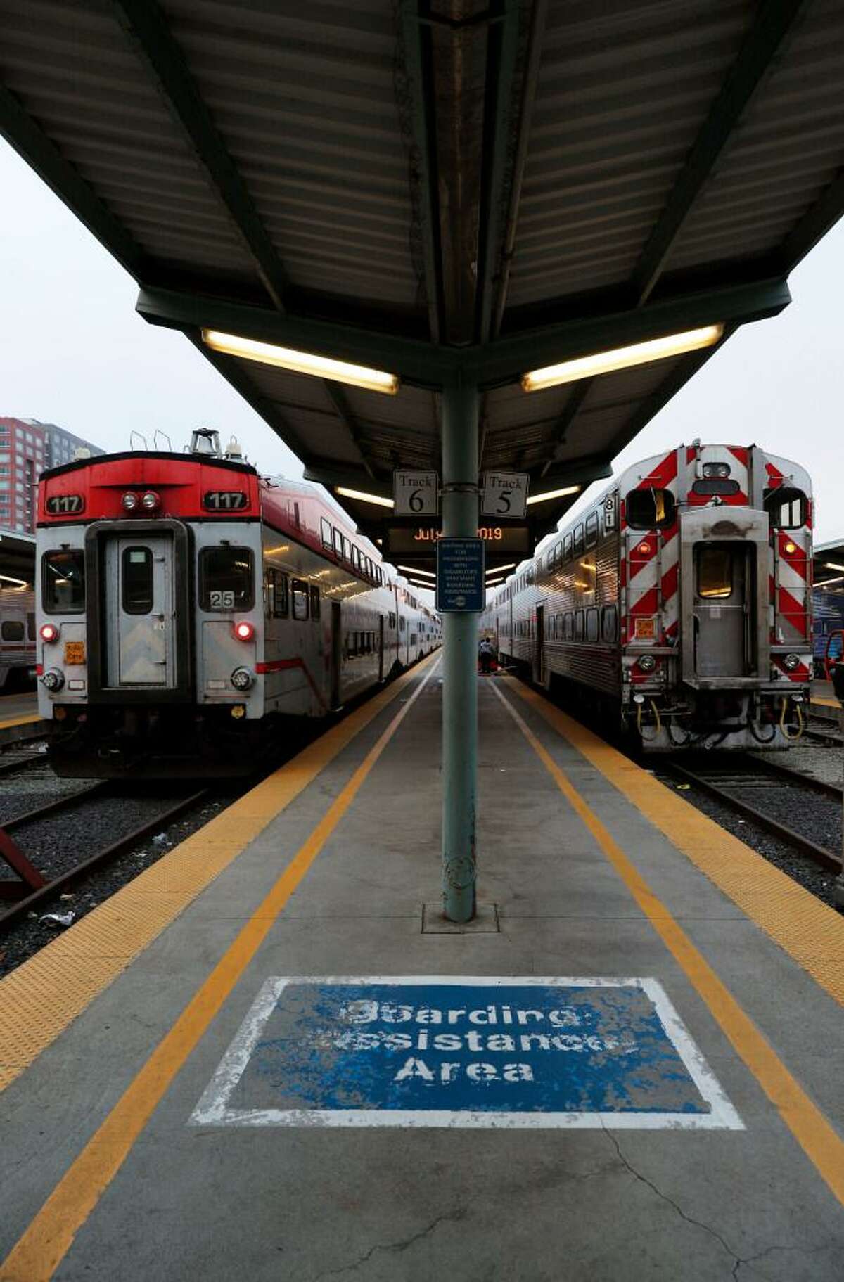 Two Caltrain trains sit at the Caltrain Station in San Francisco, Calif., on Thursday, July 18, 2019. Business leaders and transportation officials are putting together a sales tax ballot measure for next year that would generate billions for transportation infrastructure in the Bay Area.