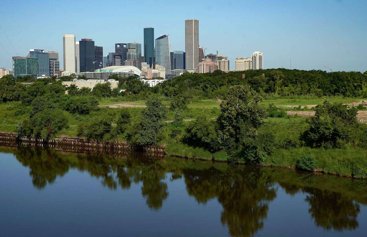Houston skyline and the Buffalo Bayou on Sunday, Aug. 2, 2020.