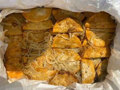 Felipe Reyes’ handmade tacos de canasta, a steamed version of tacos that are popular in Mexico City. He sells them from a cooler in the Mission District.